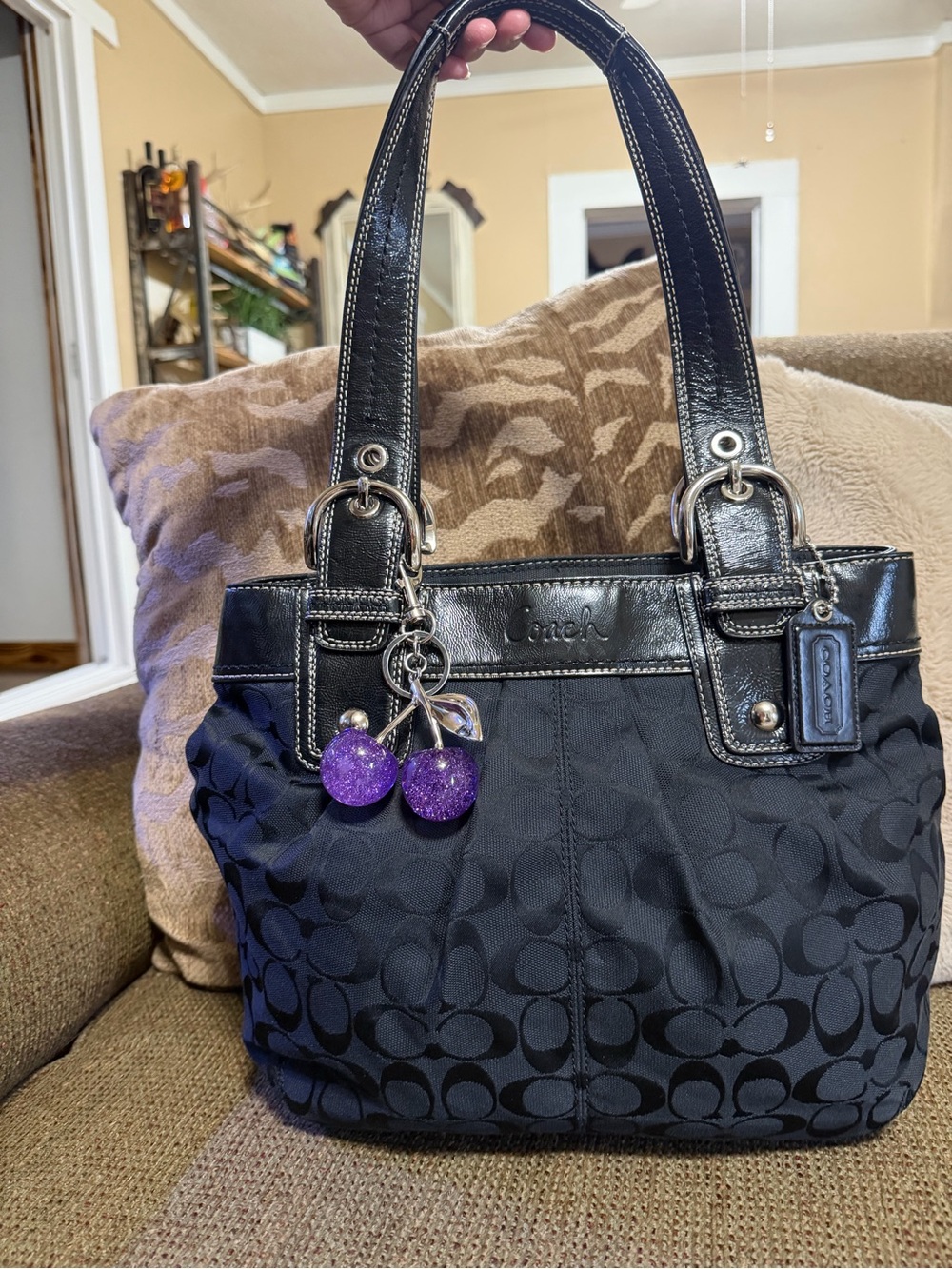 Coach Black Signature Canvas Tote with Patent Leather Trim Cherries not included